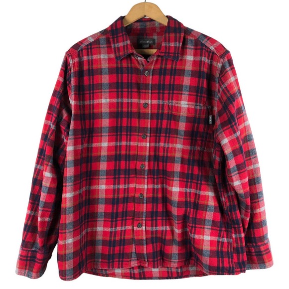 Eddie Bauer Flannel Shirt Large Mens Red Blue Plaid Check Button Lumberjack - Picture 1 of 7